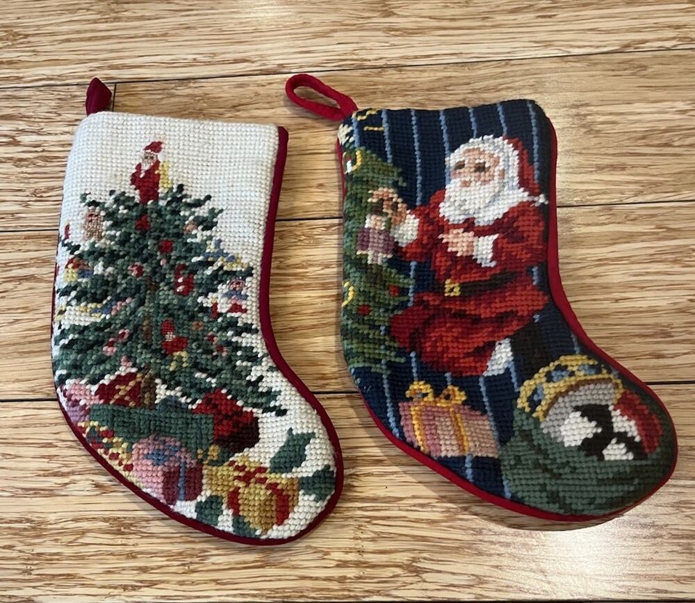 Pair Of 2 Wool Needlepoint Christmas Stocking Christmas Tree & Santa 8.5” VTG